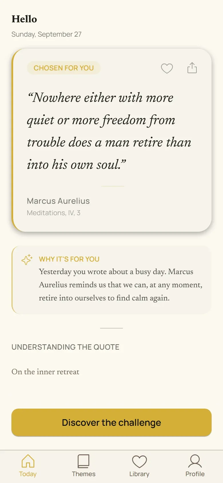 The Adagely “Today” screen: the quote of the day and the “Why it’s for you” box