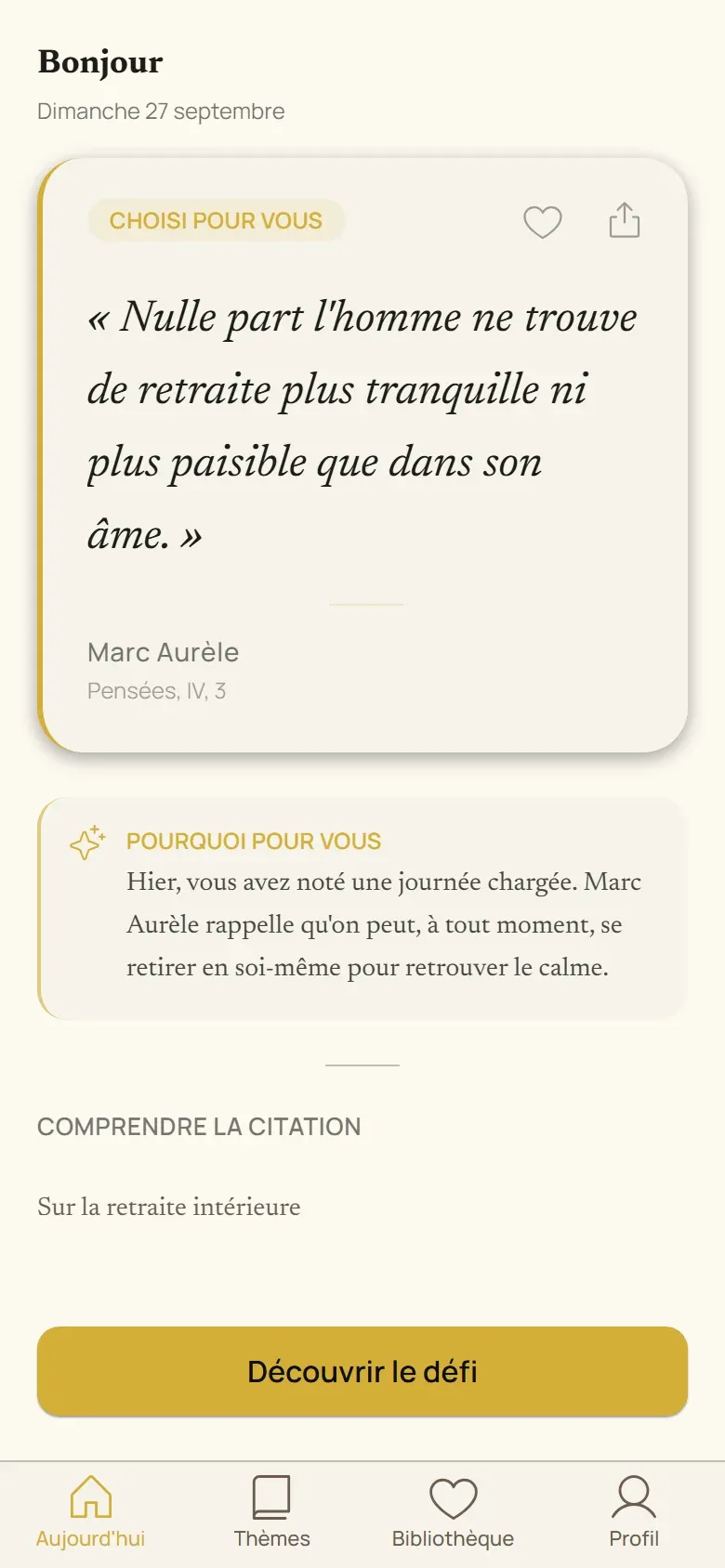 Écran « Aujourd'hui » de l'app Adagely : la citation du jour et l'encadré « Pourquoi pour vous »